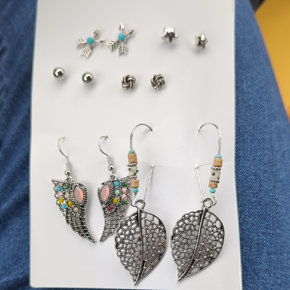 Silver Multi-Style Women's Earring Set with Turquoise Accents 6 Pairs